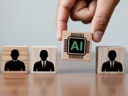 Data Privacy Services Hand holding a block with "AI" surrounded by wooden blocks depicting people silhouettes.
