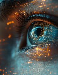 AI Governance Close-up of an eye with digital patterns and glowing elements reflected on the iris.